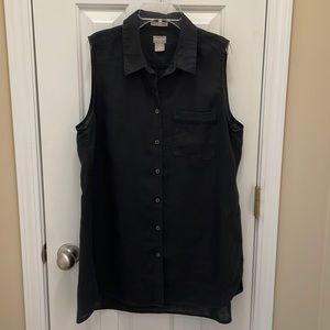 Black Wrinkle Free Linen sleeveless tunic with Fringe Pocket, Large/Chico’s Sz 2